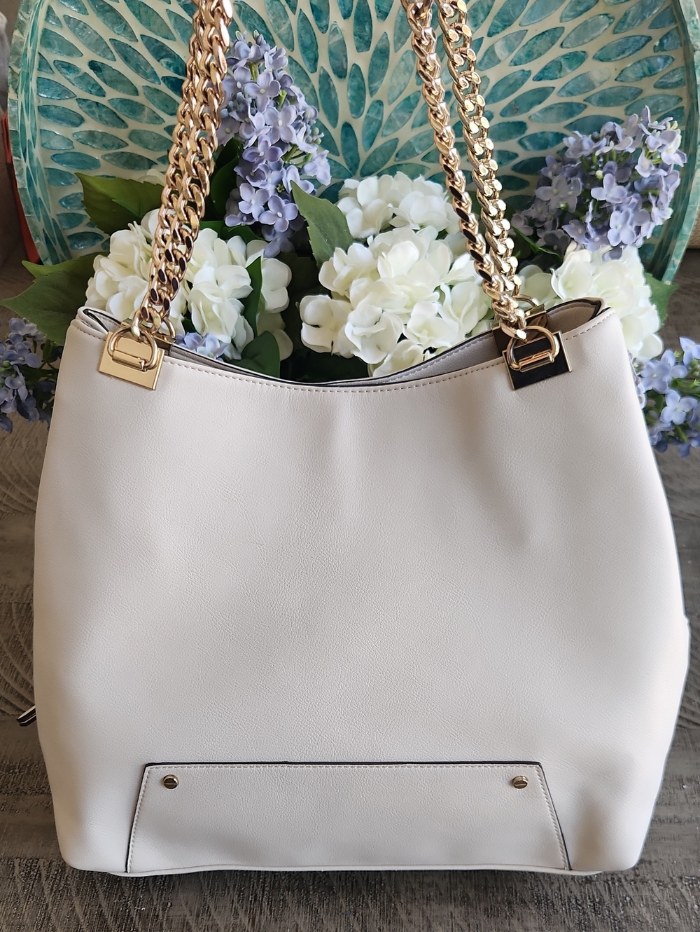 INC International Concepts Off Whitw Shoulder Bag with Gold Chain Handles